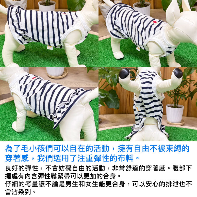 肩膀透氣剪接荷葉邊條紋連身裙(臘腸狗・小型犬用)