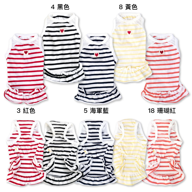 肩膀透氣剪接荷葉邊條紋連身裙(臘腸狗・小型犬用)