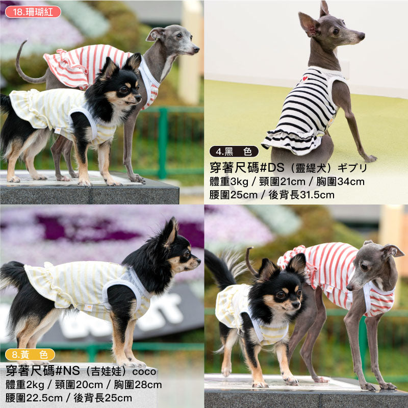 肩膀透氣剪接荷葉邊條紋連身裙(臘腸狗・小型犬用)