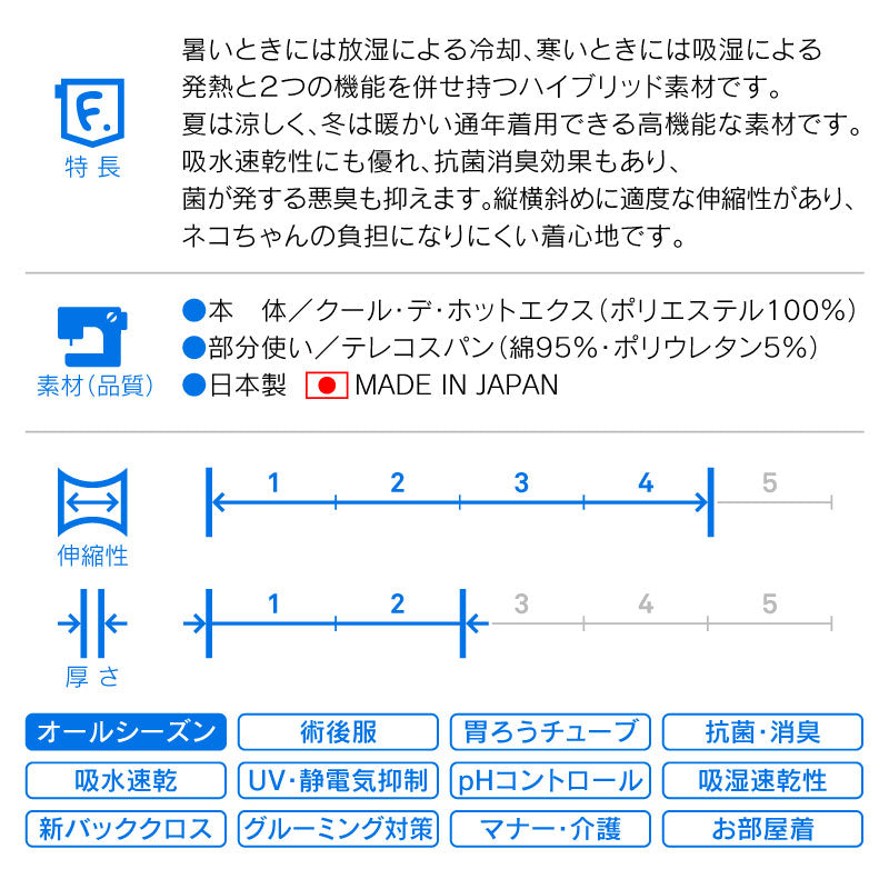 後背全開式胃造廔管用術後服（術後服エリザベスウエア®）（貓用 / 男女兼用 / 抗菌・除臭材質）