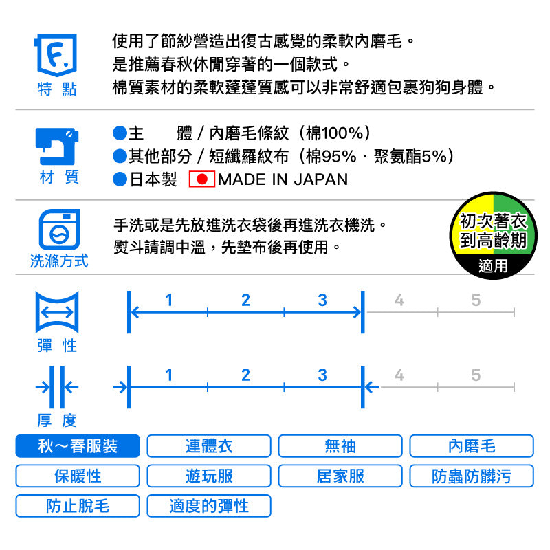 【2023年秋冬新款】柔軟內磨毛條紋連身衣（臘腸狗・小型犬用）